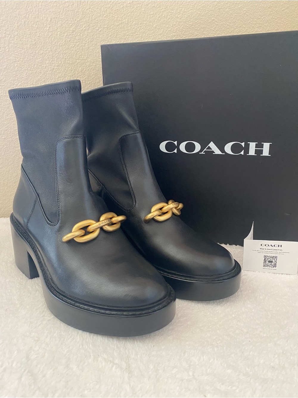 Coach Black Kenna Leather Booties with Gold Chain Accent